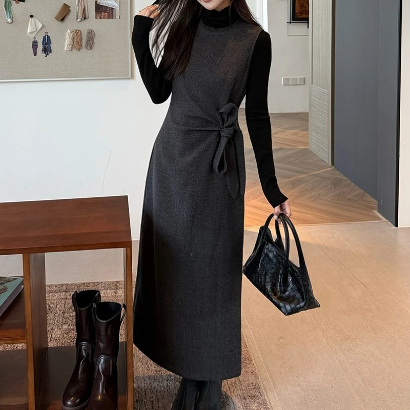 

Premium Gray Sleeveless Vest Dress Women's 2025 Winter Woolen New Long Dress Women's Clothing