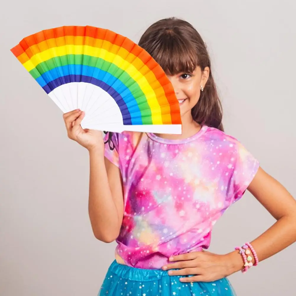 Plastic Rib Fan Rainbow Folding Fan Portable Handheld Summer Accessory Colorful Dance Performance Prop for Party Costume