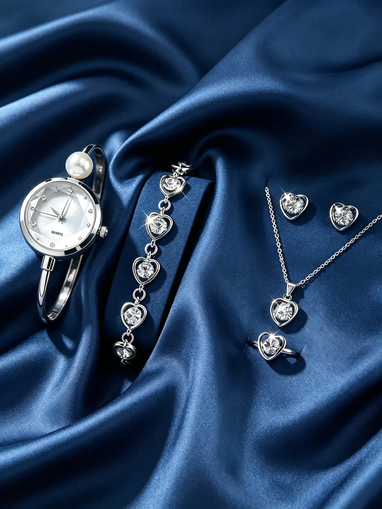 Ladies Bracelet Quartz Watch Set with Embellished Design And Pearl Accents Perfect Gift for Your Loved On