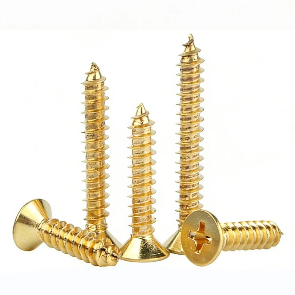 KA 2×8mm Gold Copper-Plated Phillips Flat Head Self-Tapping Wood Screws Hardware Fasteners for Furniture Woodworking 50/100Pcs