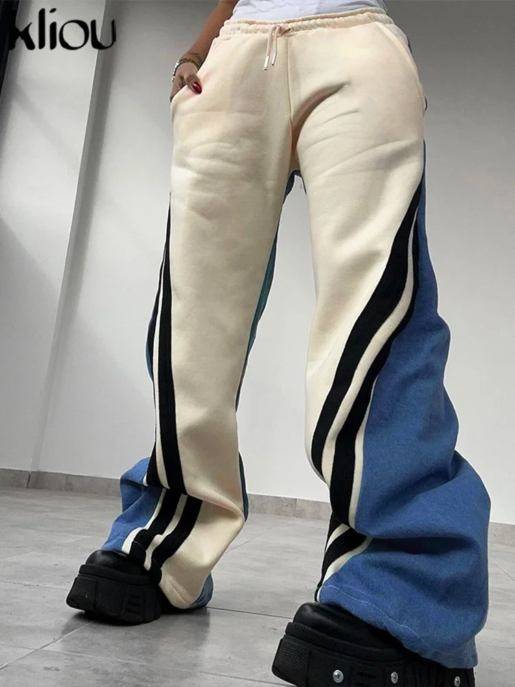 kliou Panelled Women Casual Pants 2024 New Sporty Oversized Elastic Waist Stripe Patchwork Trousers Female Basic Active Bottoms