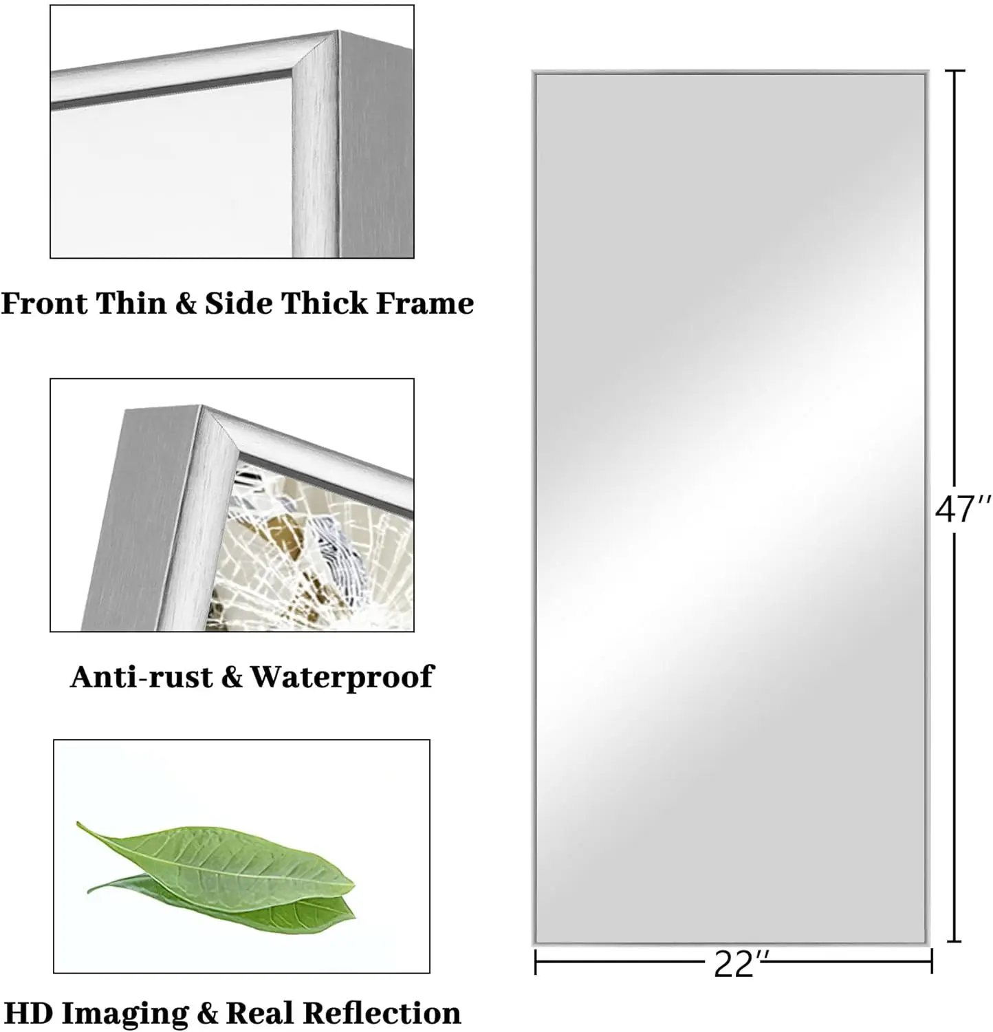 Lustro pełnej długości 47 "X 22" ze stopu aluminium, cienka rama, podłoga, duże lustro ścienne