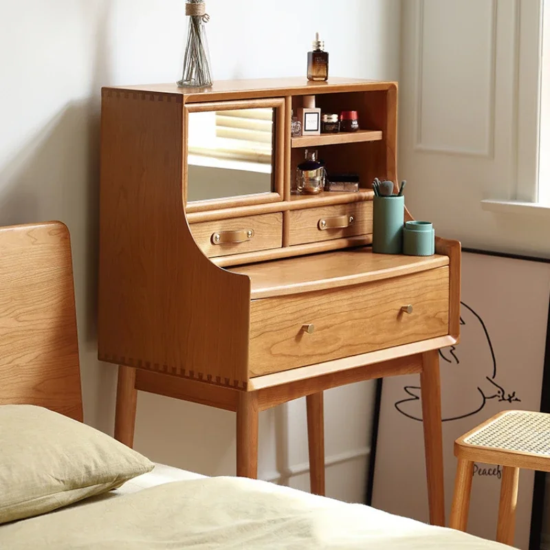 Tocador nórdico de madera maciza de cerezo para niñas, mesa Vintage de maquillaje para dormitorio, gabinete integrado de almacenamiento minimalista