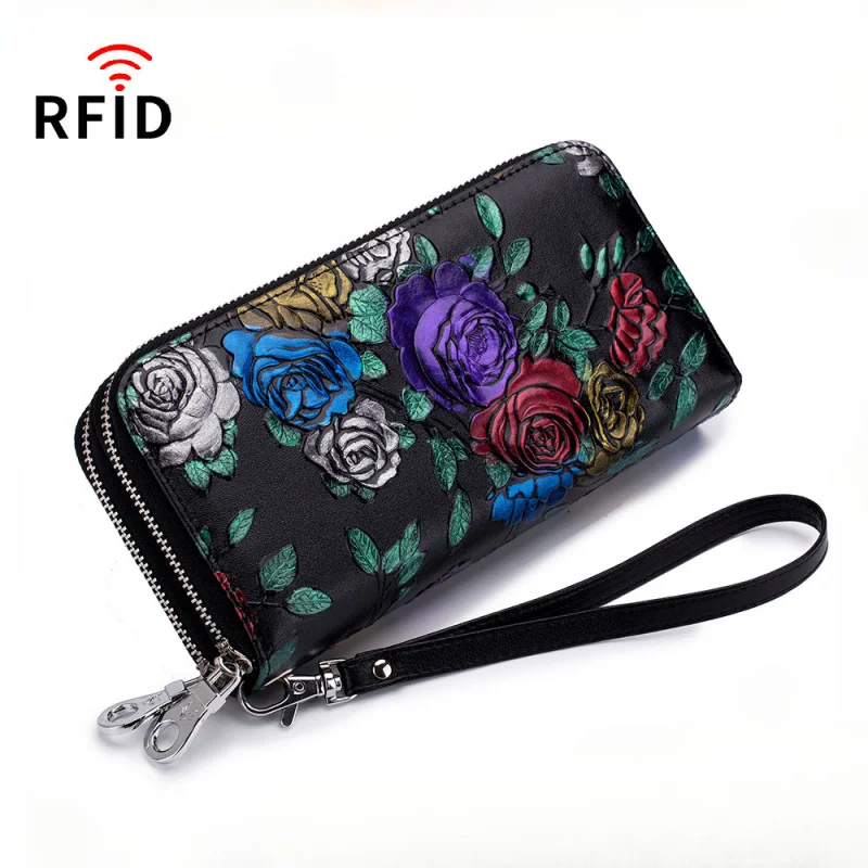RFID Blocking Double Zipper Cowhide Leather Hand-painted Rose Butterfly Women Wallet Multi Card Slots Purse for Ladies