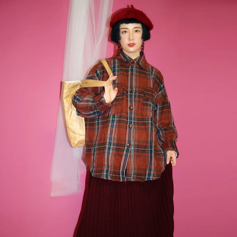 

Ретро-пальто в клетку Mr. Pasture с длинными рукавами, шерстяное, в стиле Lazy Artistic, для повседневной носки, прямого кроя, стандартной длины