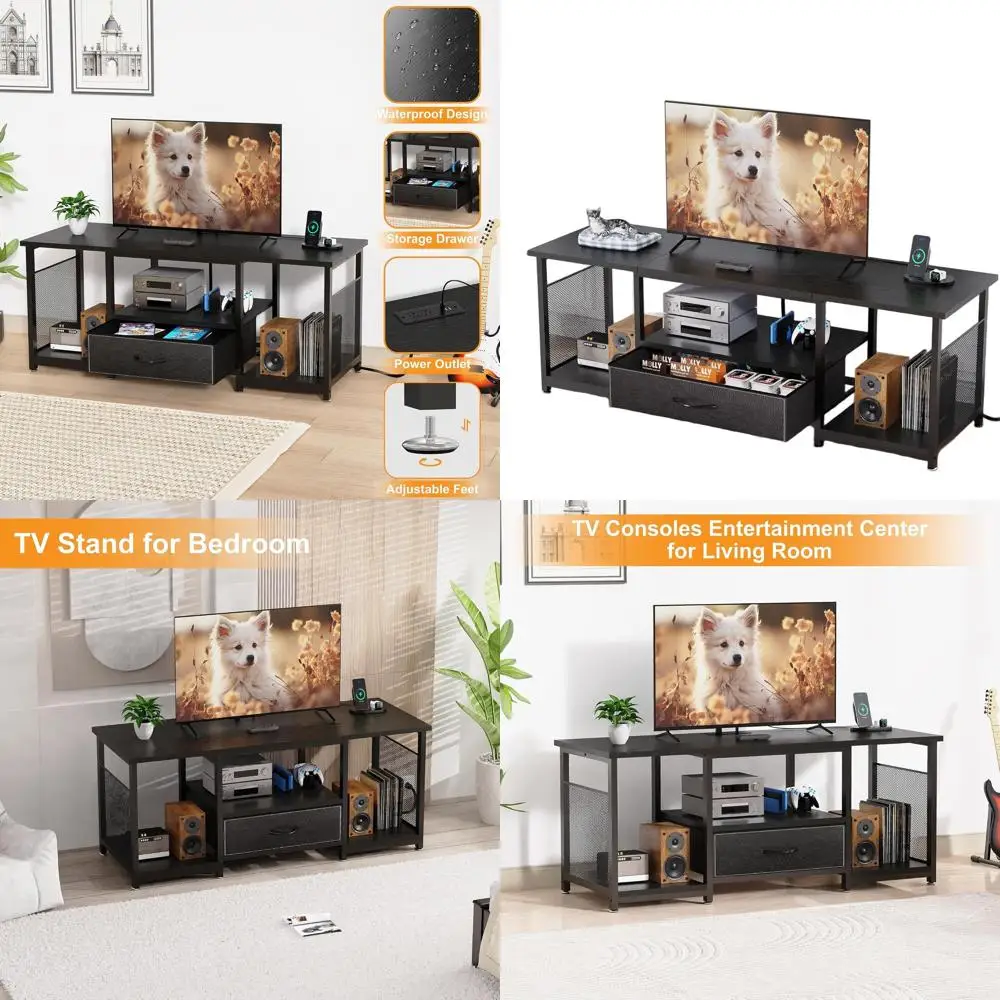 

Черная подставка для телевизора в индустриальном стиле с выдвижными ящиками и розеткой для телевизоров 65-55 дюймов, развлекательного центра с открытыми полками для Liv