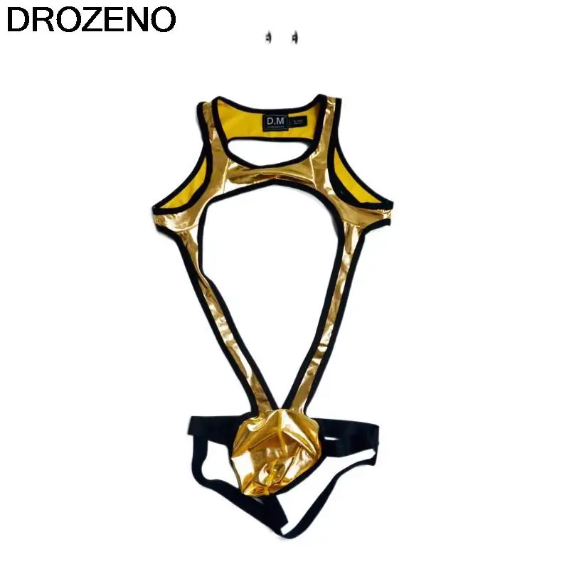 

Men's Low Waist Sexy T-Back Bright Imitation Leather One-Piece Underwear Double G-String Trendy Shoulder Strap Personality