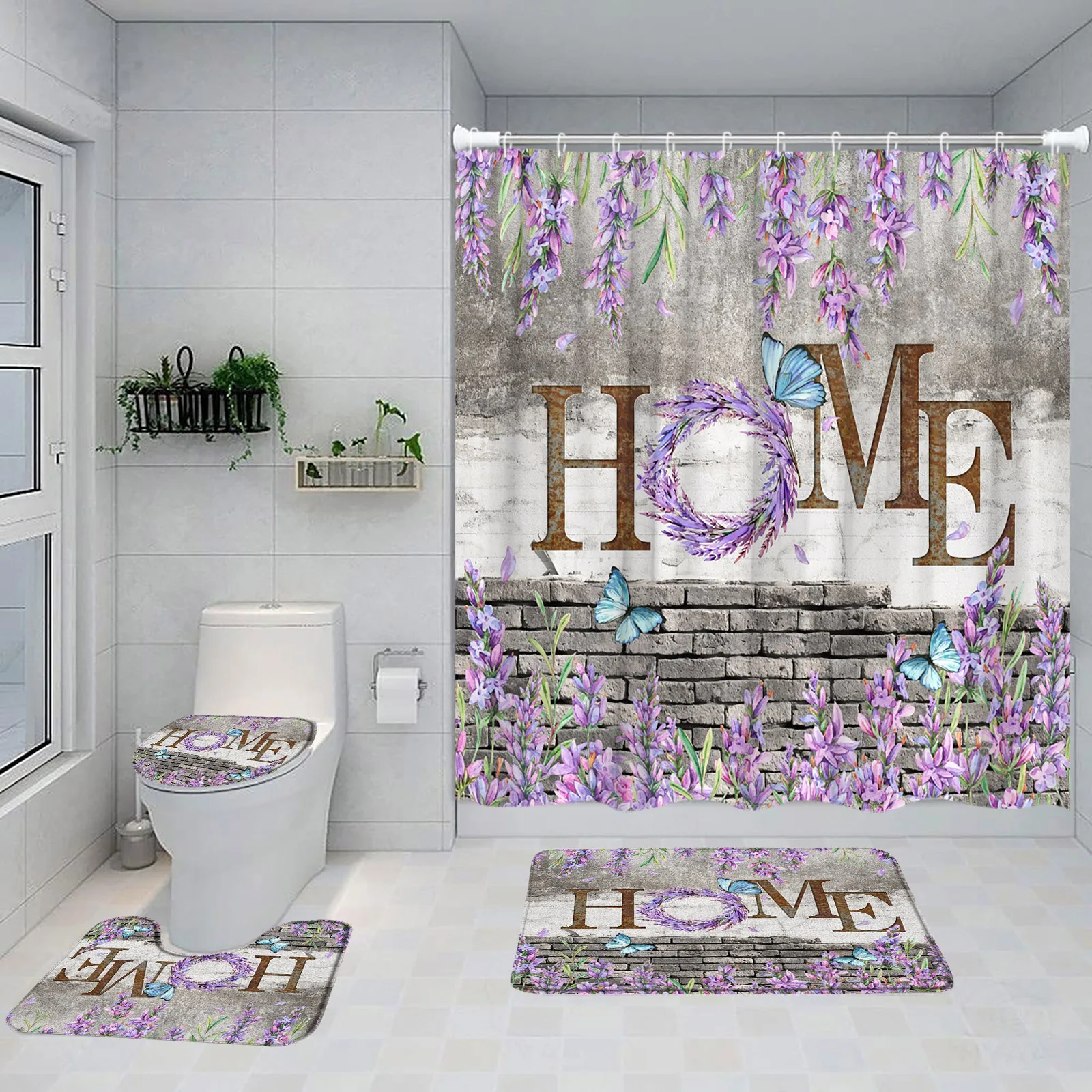 Home Farmhouse Shower Curtain Set Black White Grid Pattern Flower Lavender Daisy Sunflower Home Bathtub Rug Toilet Lid Cover