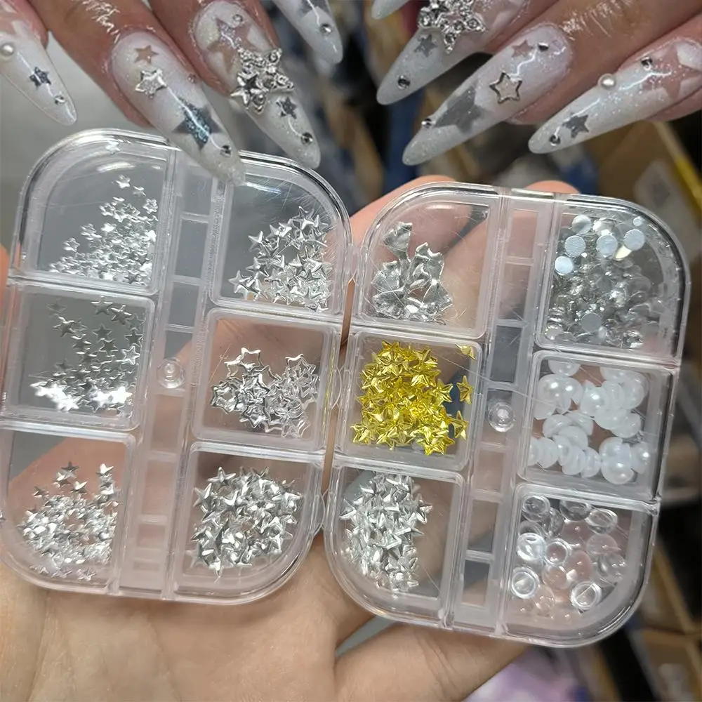 6Grids 3D Mixed Star Bow Pearls Nail Charms Metal Star Nail Rivet Studs Y2K Nail Art Decorations Sparkling Manicure Accessories