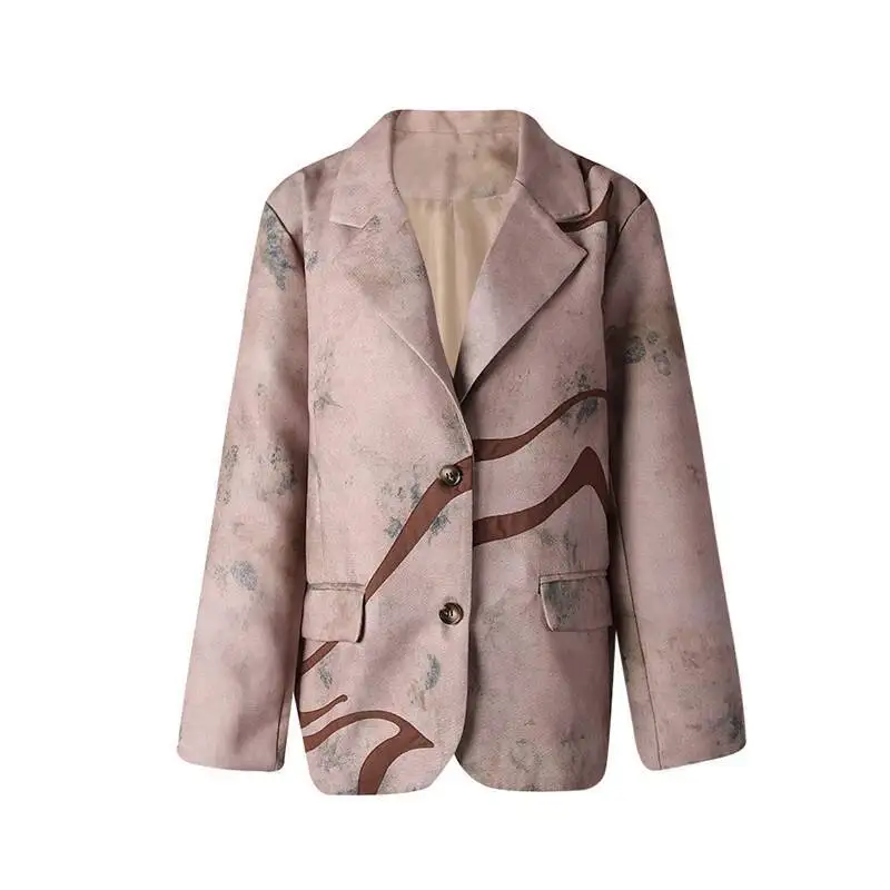 

HUISONG Women Khaki Pattern Printed Big Size Vintage Blazer New Lapel Long Sleeve Jacket Fashion Tide Spring Autumn 2025