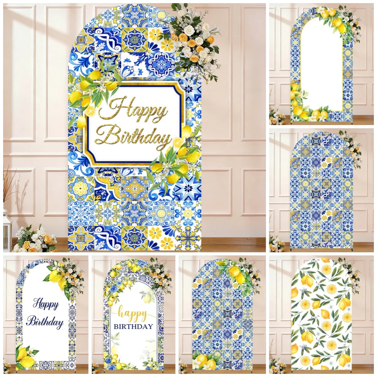 Lemon Arch Backdrop Cover Blue Tile Floral Decoration Kids Adult Birthday Party Baby Shower Background Cake Table Photozone Prop