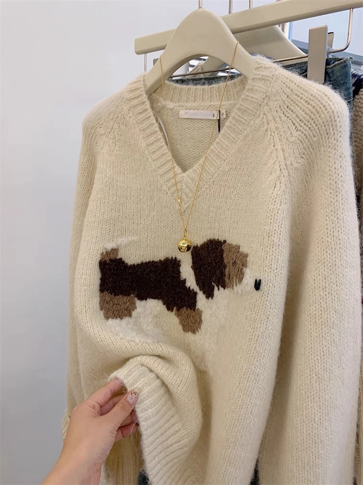 Women\'s V-neck Pullover Sweater Design Sense Niche Tops Autumn Winter Lazy Style Sweater Thickened Knitted Top