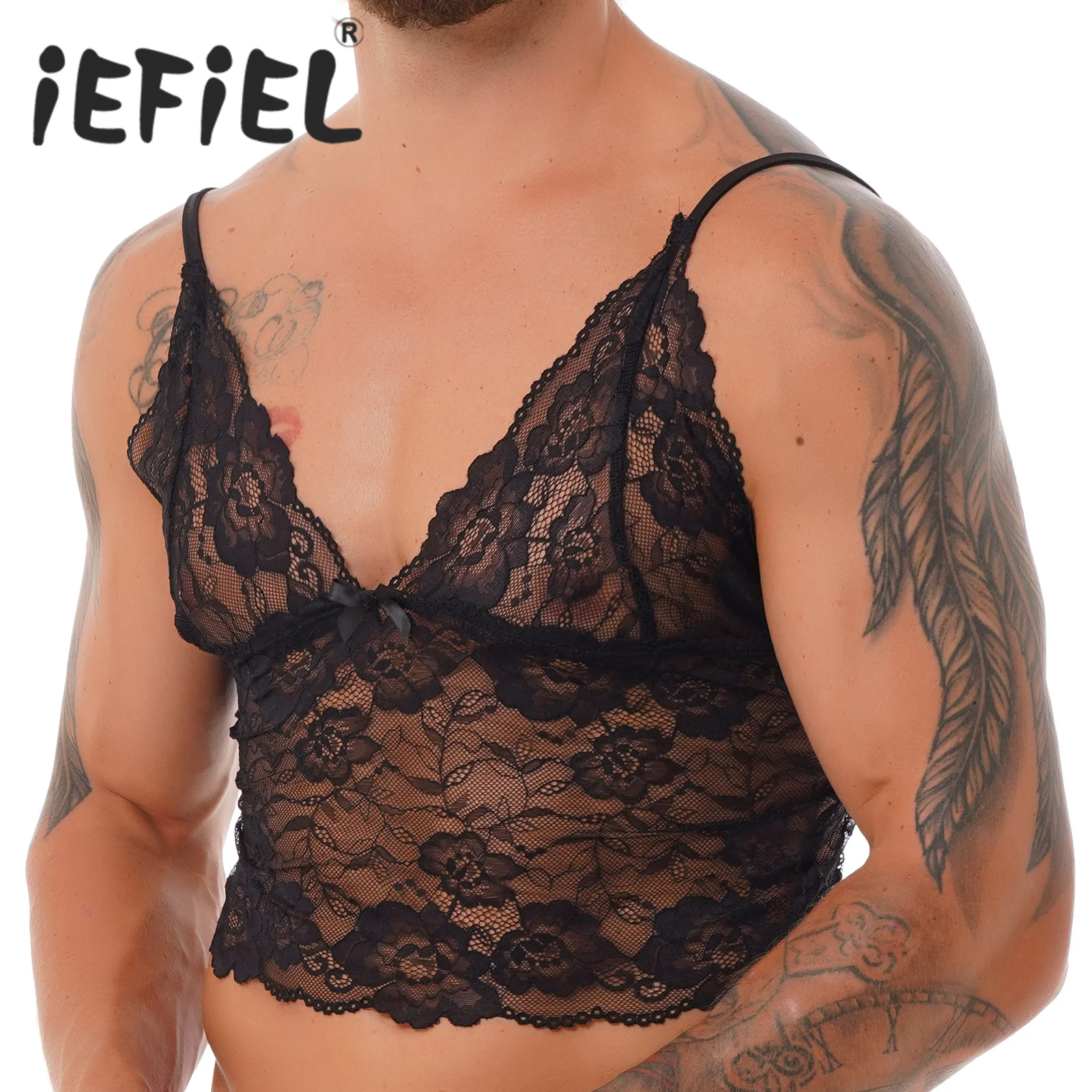 Top corto Gay para hombres y adultos, lencería de encaje transparente, tirantes finos ajustables, cuello en V profundo, camisola, chaleco, Top corto