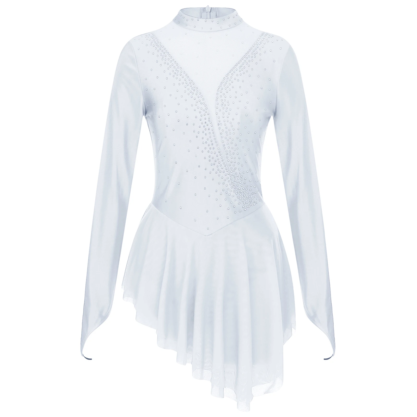 Women Figure Skating Costume Long Sleeve Shiny Rhinestone Sheer Mesh Lyrical Dance Ballet Gymnastics Performance Leotard Dress