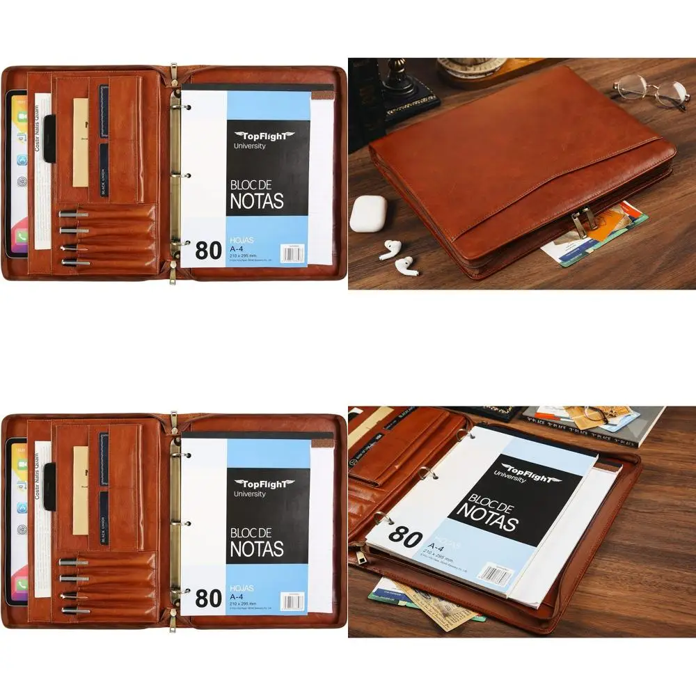 

Genuine Leather 3-Ring Portfolio Binder with Personalized Legal Pad, Suitable for Lefties and Righties, Oil Brown