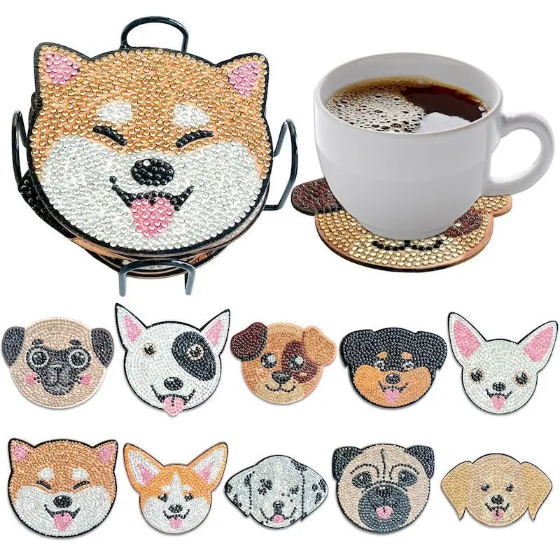 GATYZTORY 10pcs Diamond Painting Coasters Set, DIY Cartoon Dog Pattern Round Coasters 10x10cm ﻿