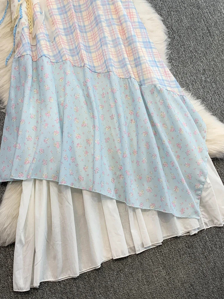 Vestido ter Floral F Novo de Verão com Design Assimétrico Estilo Coreano Material io Saia Midi de Cintura Alta