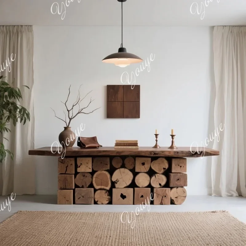 

J 1 Solid Wood Checkout Page Log Retro Clubhouse Front Desk Creative Bar B & B Hotel Lobby Reception Table