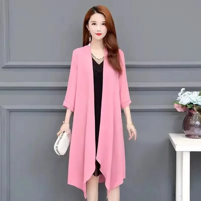 

Женский повседневный шифоновый кардиган, пальто большого размера, тонкая верхняя одежда для мам, однотонные длинные рубашки с шалью, летняя солнцезащитная одежда