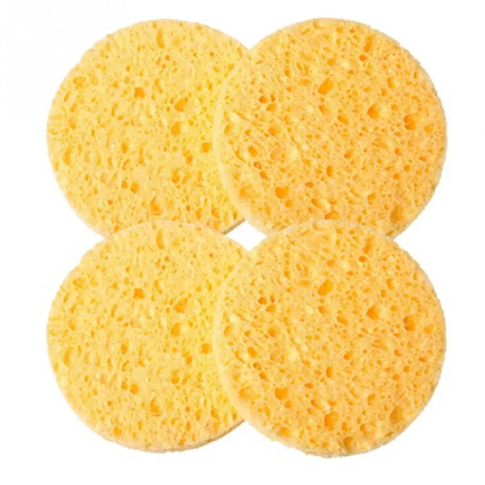 5 stuks gele natuurlijke houtvezel ronde schoonheid gezicht wassen reinigingsspons make-up pads cosmetische bladerdeeg