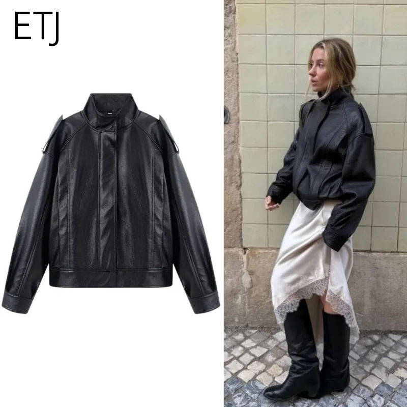 

ETJ Women's PU Leather Jacket Short Crop High Neck Shoulder Pad Design 2026 Spring Fashion Oversized Biker Coat Outerwear