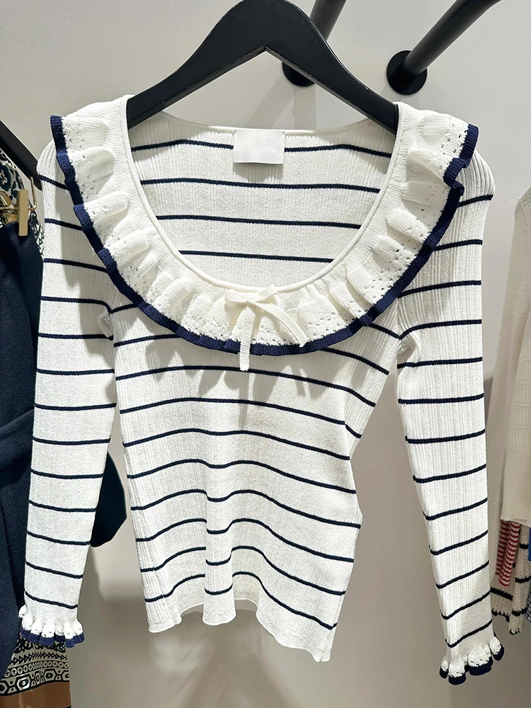 

High-End Summer Striped Knit Top with Lace Trim in European Sle for Women Commute Regular Fit Long Sve Low round Ne