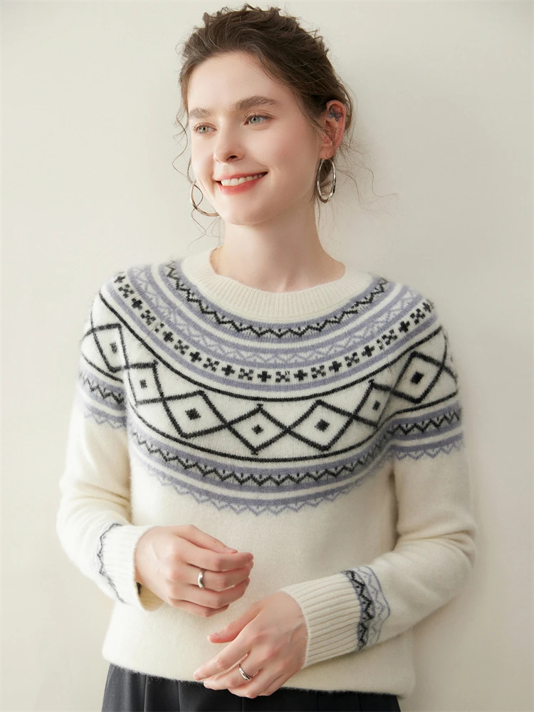 

Retro Thick Fair Isle Jacquard Sweater Autumn Winter Women's Grace 100% Cashmere Knitted Pullover Casual Lazy Luxury Clothes Top