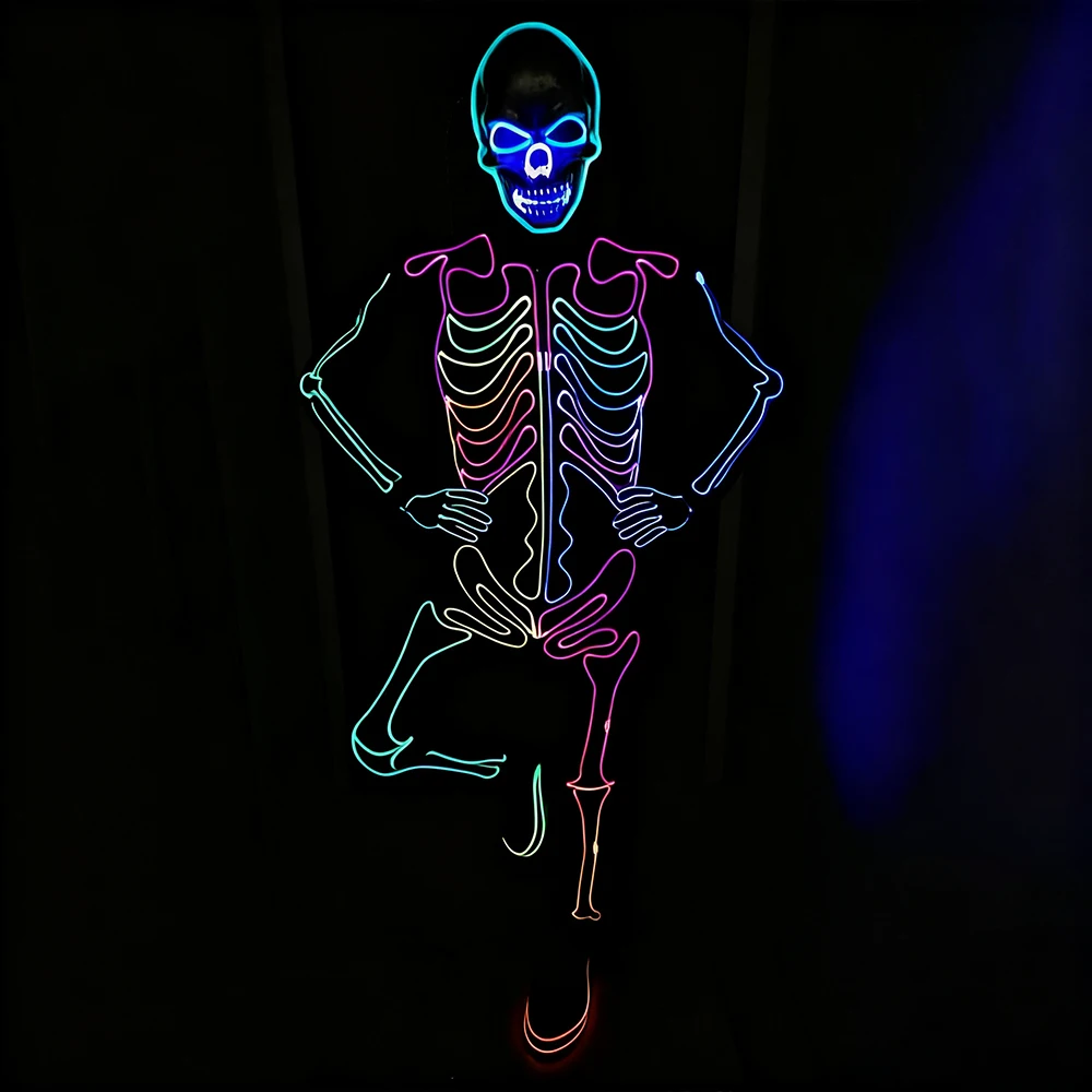 

LED Skeleton Costume Suit Halloween Mask Light Up Jumpsuit Cosplay Glowing Dress Adults Male Fiber Optical Robot Outfit DJ Party