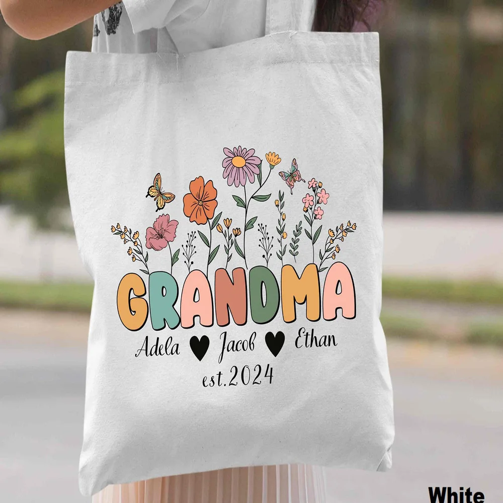 

Custom Grandma Grocery Tote Bag Personalized Grandkids Names Lightweight Foldable Canvas Hot Sale Best Gift for Women