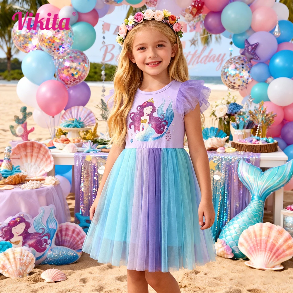 VIKITA Kids Purple Mermaid Cartoon Dress Girls Flare Slee Princess Mesh Tulle Birthday Party School Casual Dresses Kids Clothes