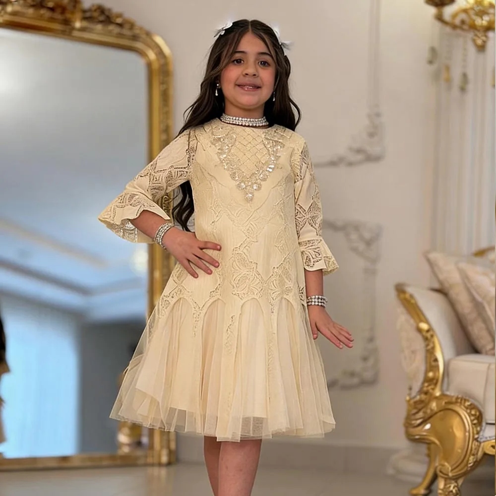 

Yellow Flower Girl Dresses O-neck Dress For Girls Flare Sleeve Pearls Birthday Dress Lace Girl Princess Dress Cute Kids' Dresses