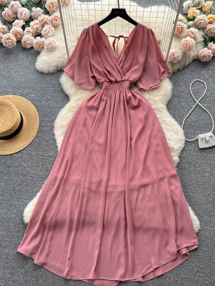 Women Fashion Vintage Elegant Chiffon Casual Dress Summer V-neck Short Sleeve Elastic Waist Slim A-line Beach Long Dresses