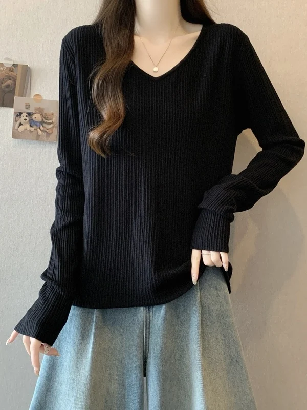 

Ele Bla V-Ne Knitted Base Layer Sweater Women's Autumn Winter plus Size Trendy Long Sve Top Comfortable Casual Sle