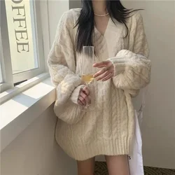 Lantern Sleeve Knit Sweater Women Korean Solid Twist V-Neck Fall Winter Warm Pullover Fashion Loose Casual Pretty Style Jumpers