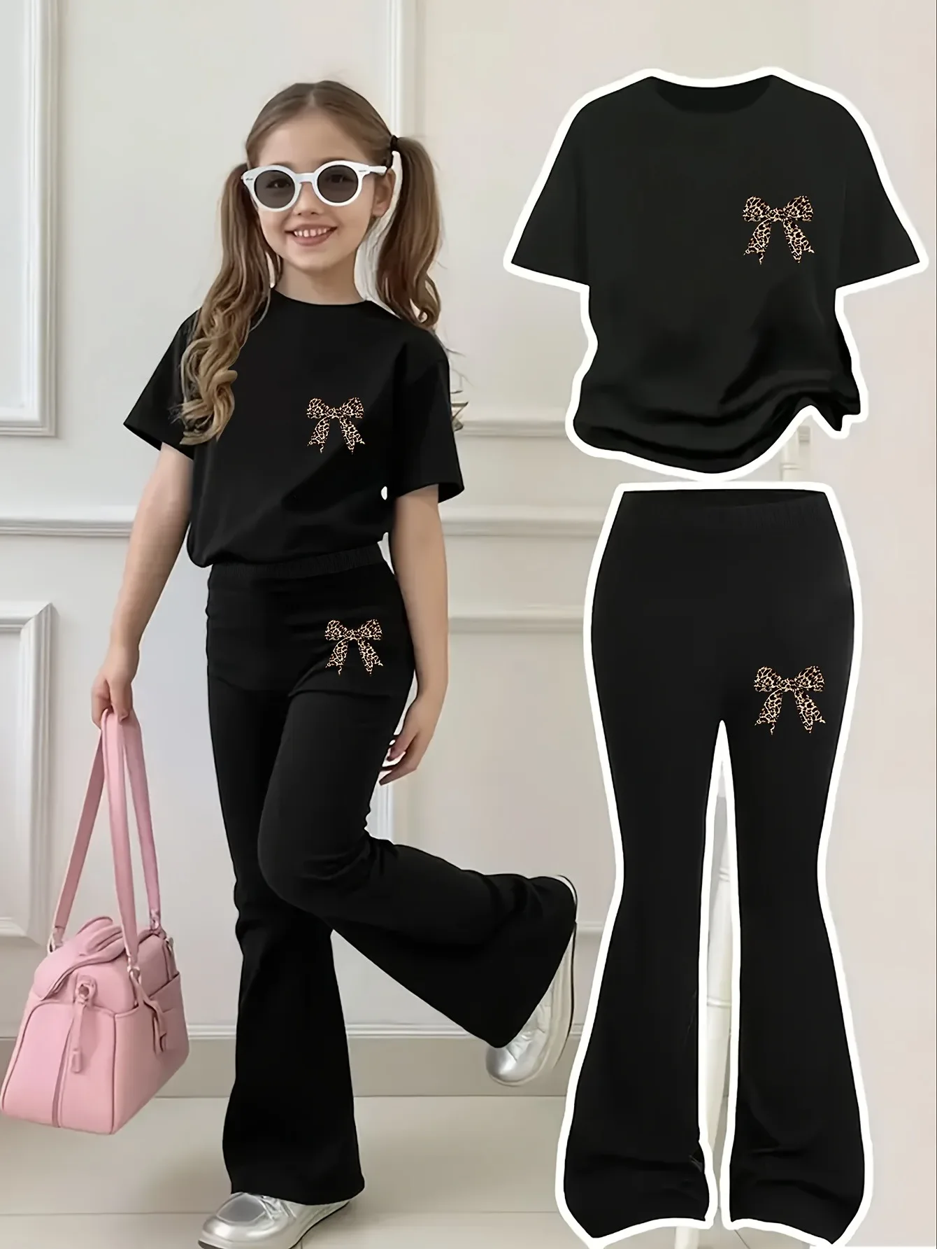 Zweiteiliges Outfit für Mädchen mit Leopardenmuster und Schleife, schwarzes Kurzarm-T-Shirt und Schlaghose, lässiges Streetwear-Set für Kinder