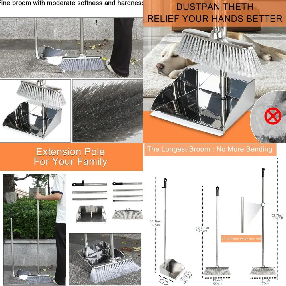

Stainless Steel Dustpan and Soft Broom Set, Silver White, Ideal for Tile, Wood, and Composite Floors