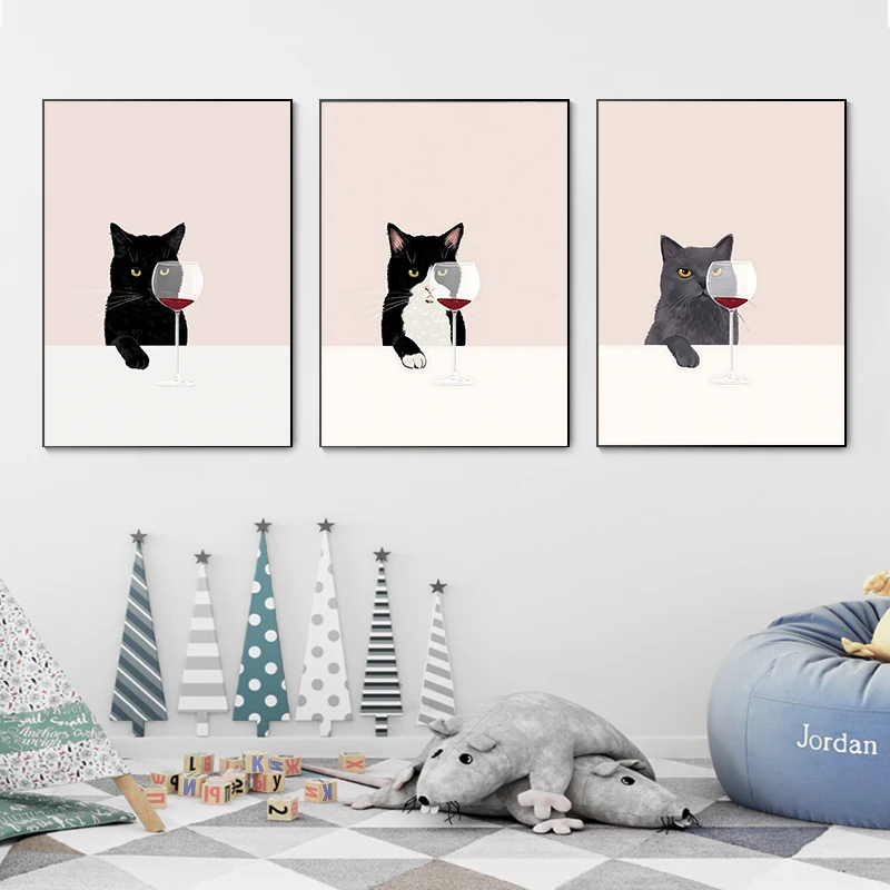 لوحة قماشية مضحكة للقطط بالأبيض والأسود ، ملصق ومطبوعات للنبيذ الأحمر ، فن جداري لمحبي القطط ، صور لغرفة المعيشة ، المطبخ ، ديكور المنزل #2