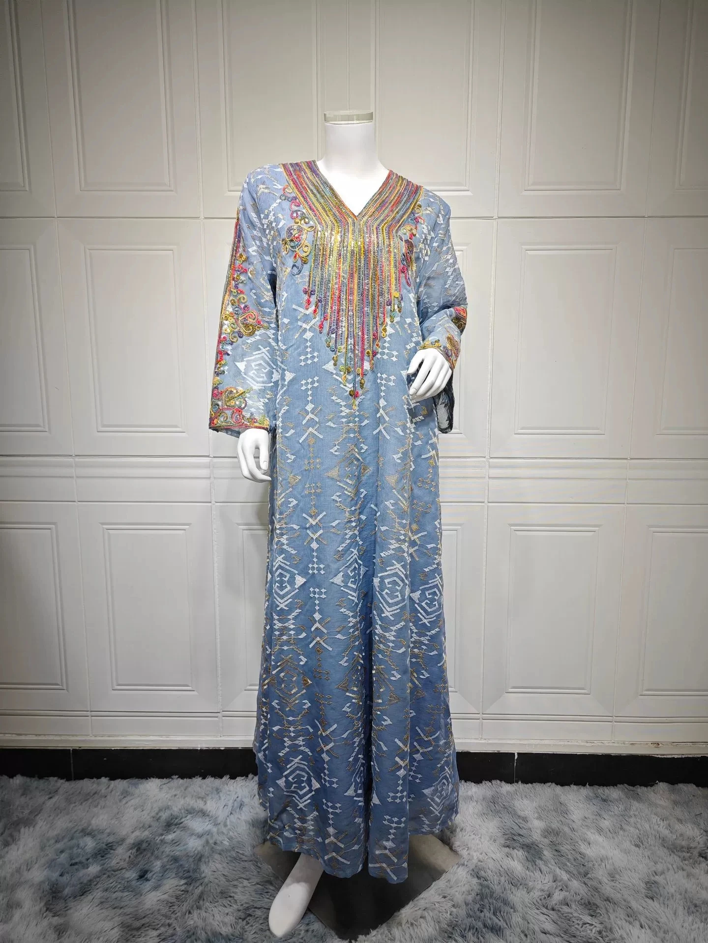 Middle East Ramadan Islamic Muslim Jalabiya Mesh Embroidered Evening Dress Patchwork Dress Luxury Fashion Saudi Arabian Robe