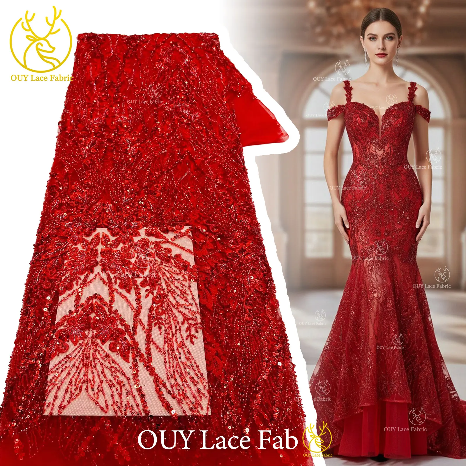 

High Quality Red African Handmade Embroidery Beaded Lace Fabric 2026 Nigerian Sequins Lace For Women Wedding Sewing 5 Yards