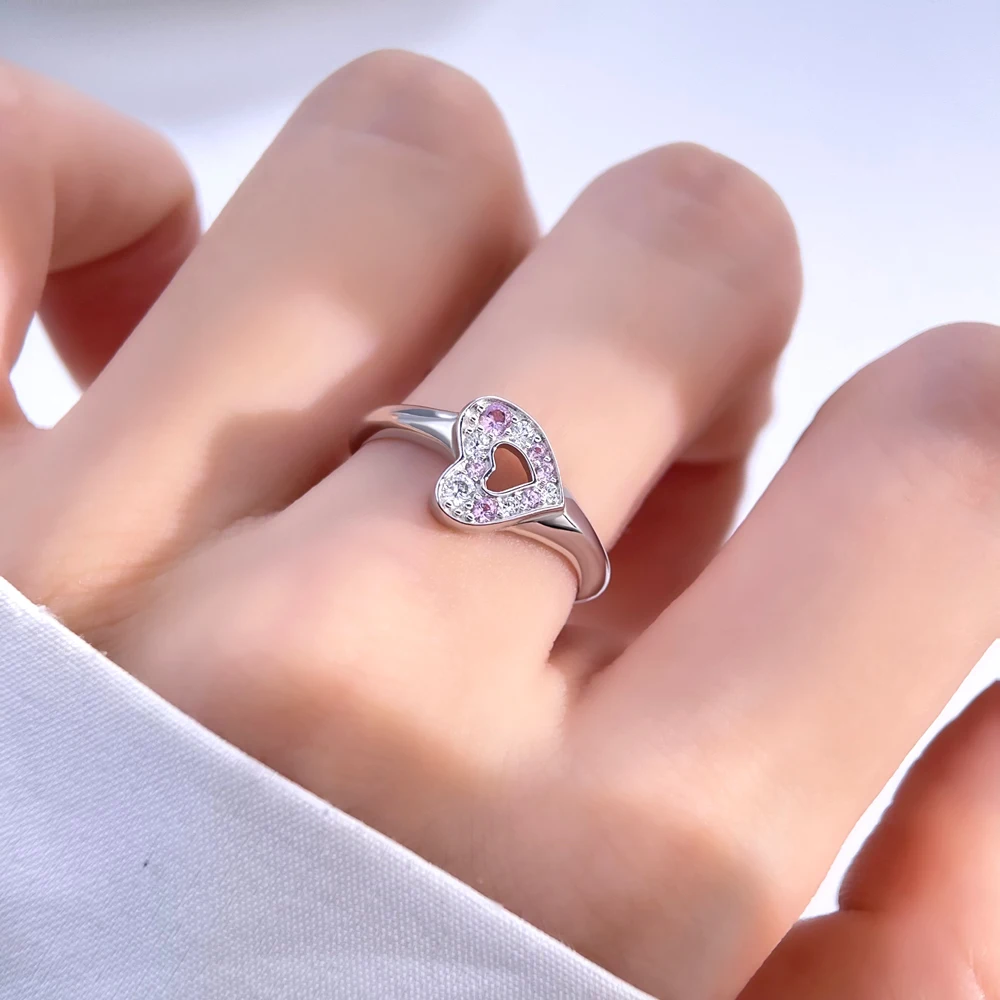 Women 925 Sterling Silver Heart Pink White Zircon Rings Jewelry Anniversary Birthday Fashion Gifts for Mother Wife Girls