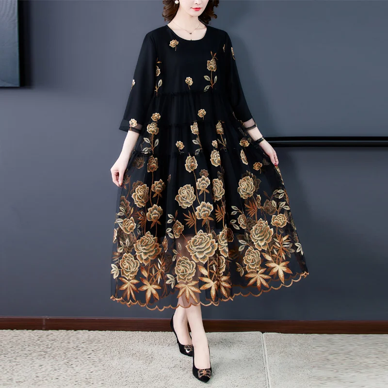 

Chic Mesh Embroidered 2024 Spring Autumn New Women's High-End A-Line Dress Flower Party Femme Vestidos Y1421