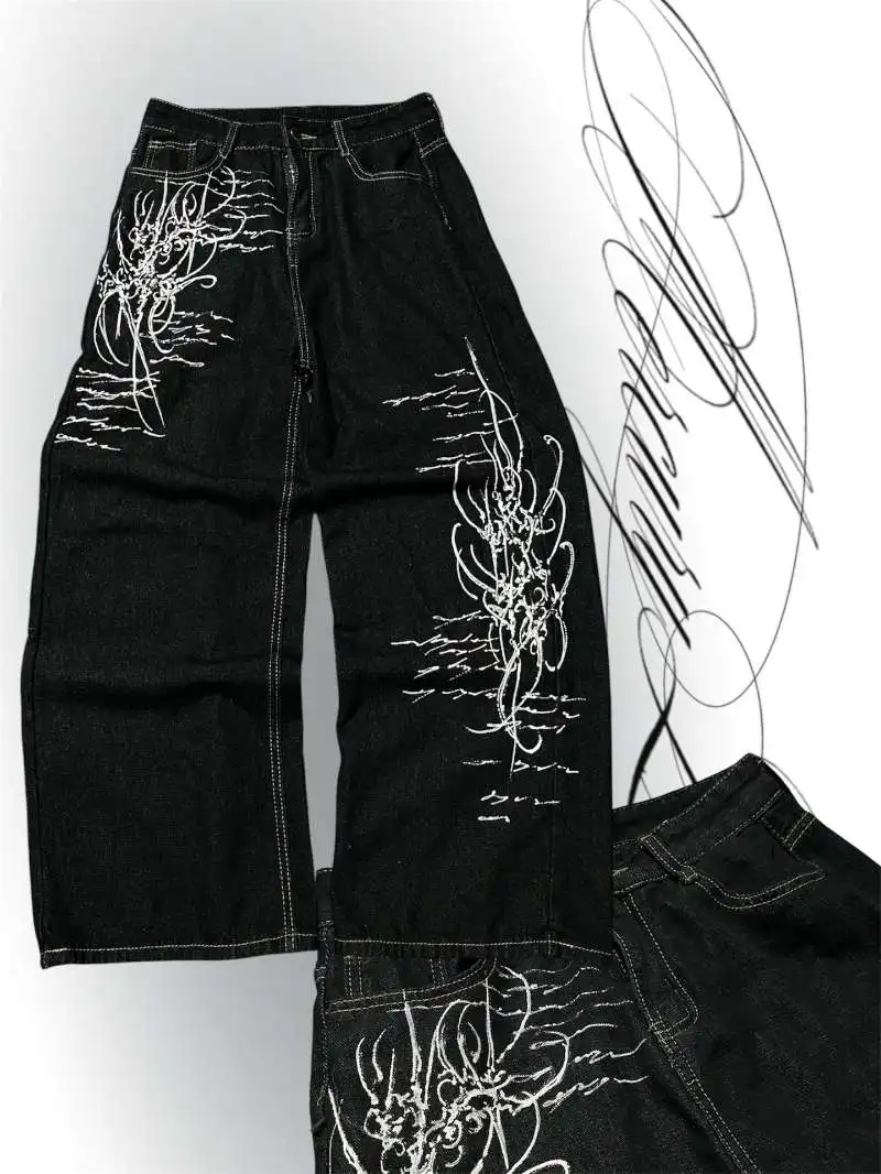 

Мужские джинсы в американском стиле Y2K, оверсайз, в стиле хип-хоп, ретро, прямые брюки, модные уличные брюки с граффити, повседневные широкие брюки