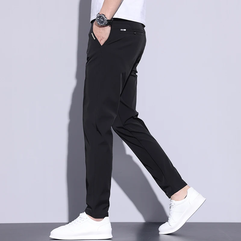 Картина 4: Брюки мужские тонкие прямые повседневные, облегающие эластичные штаны, однотонные брендовая одежда кофейного цвета, лето 2024