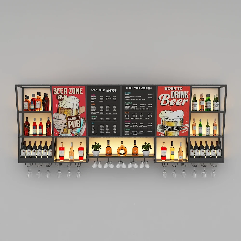 

Wrought iron wall-mounted bar wine rack bar table display rack milk tea shop menu restaurant multi-functional rack customiz