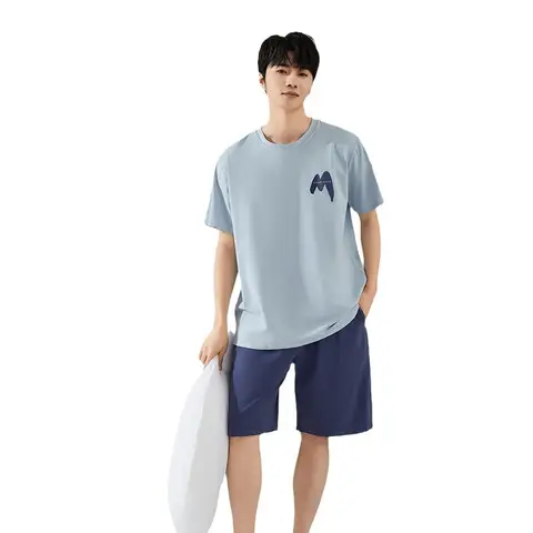 새로운 잠옷 남성 여름 반팔 반바지 순수 코튼 풀 프레임 코튼 라운지웨어 세트