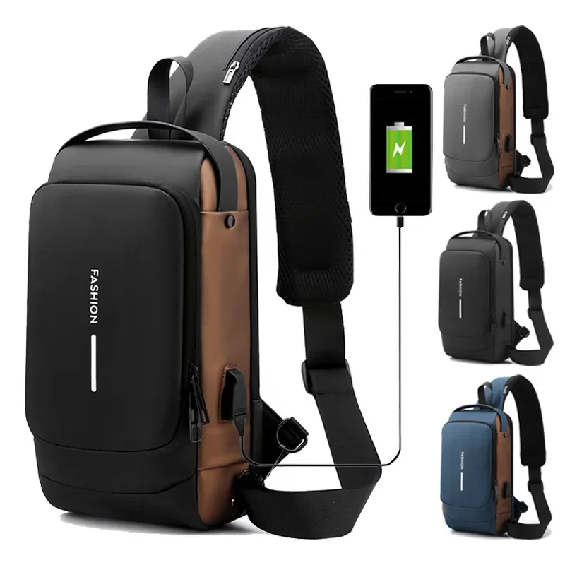 

New Breast Bag Men's Premium USB Charging Shoulder Bag Fashion Letter Commuter Crossbody Chest Bag with Combination Lock