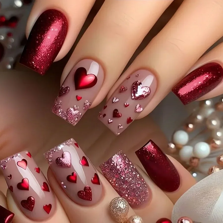 

24Pcs INS Chic Red Heart Squoval Nails, Medium Long Glossy Removable Press On Nails For Valentine Dinner