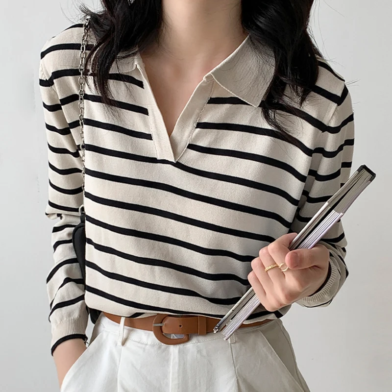 2022 New Spring Autumn Striped Women Tshirt Apricot Polo Collar Long Sleeve Top Casual T-shirts Korea Fashion Tee Shirt Femme