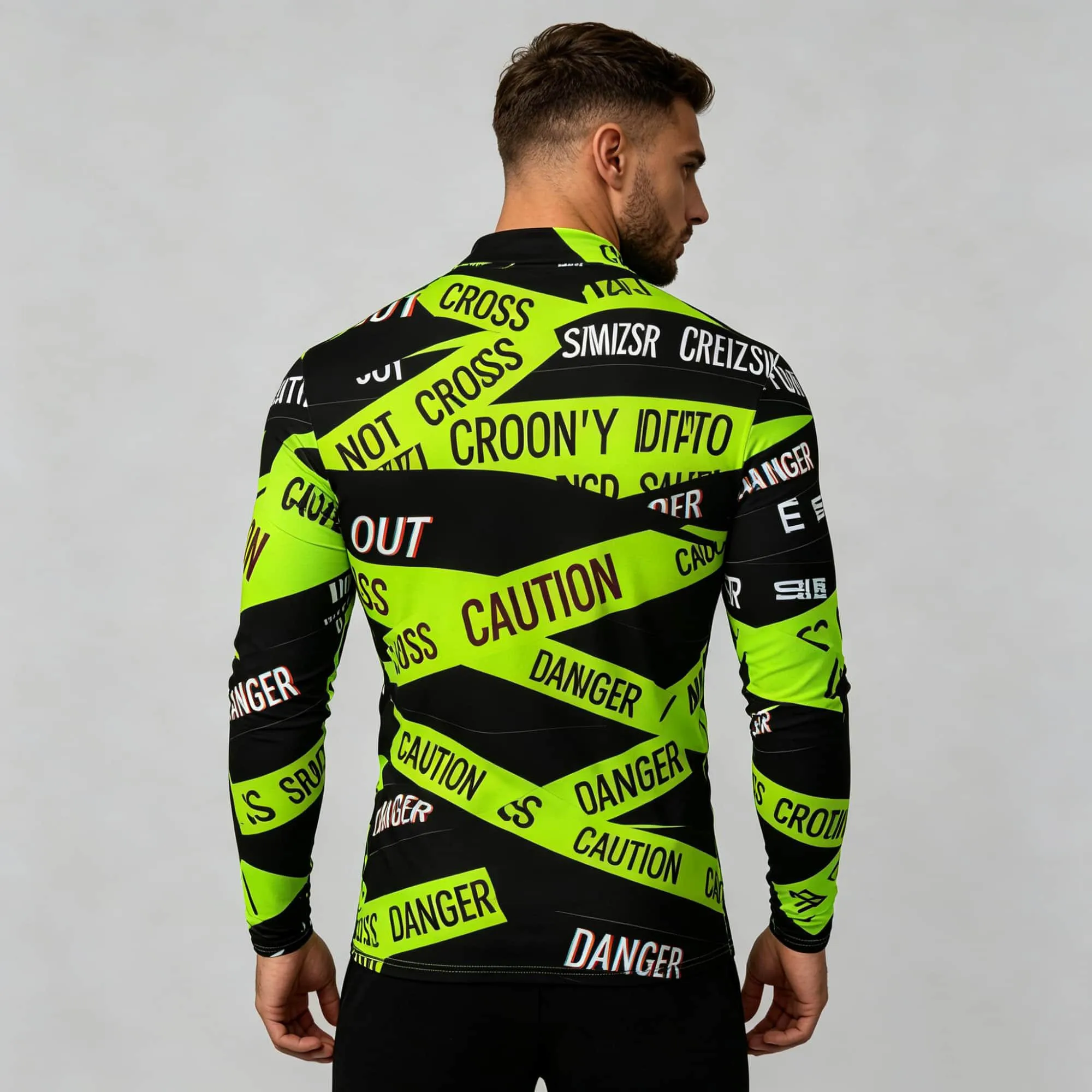 Men Fashion High Collar Pullover Shirt Bold Warning Text Tape Graphic All‑Over Print Street Hip‑Hop Slim Fit Tops