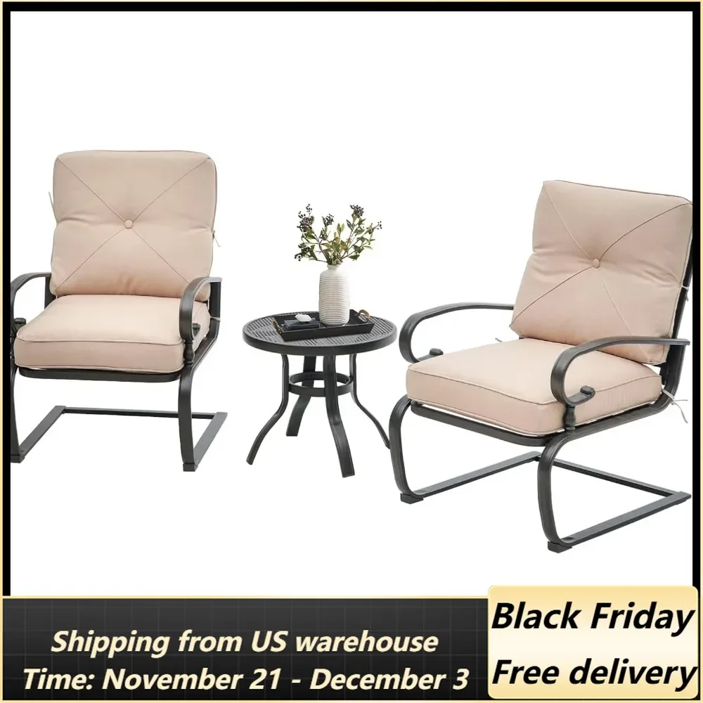 Outdoor Bistro Set 3-Piece Spring Metal Lounge Cushioned Chairs and Bistro Table Set Wrought Iron Cafe Furniture Seat